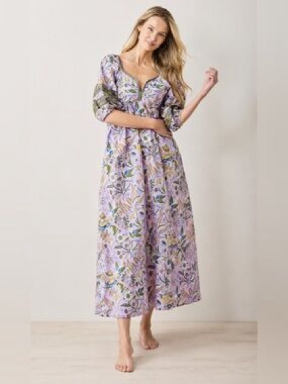Printfresh Jasmine Dress Painter’s Garden Lavender Floral Birds Cotton Midi M